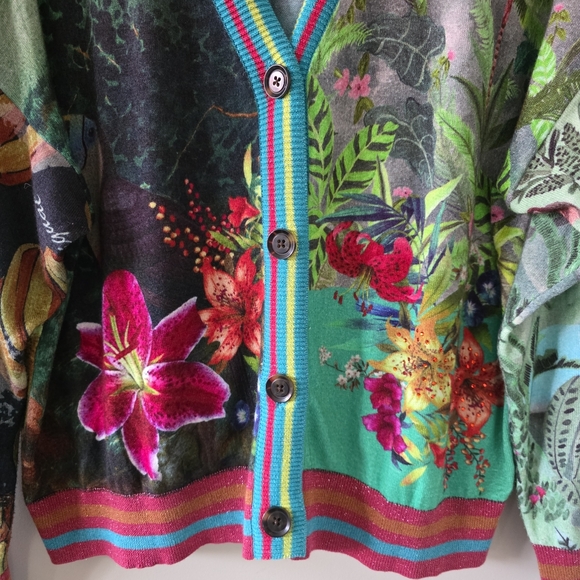 Desigual XL Eclectic Boho Art to Wear Tropical Floral Colorful Metallic Cardigan - Picture 8 of 16